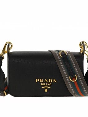 Prada Crossbody Shoulder Bag Guitar Strap Black Leather 1BD352 New
